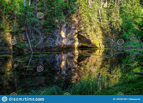 Calm River With Reflections Of Trees In Water In Bright Green Foliage