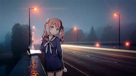 Wallpaper Kantoku School Uniform Road Night Street Light Anime