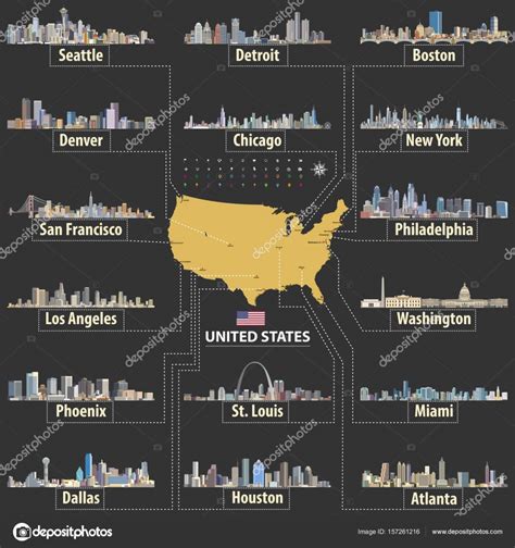 Vector Map Of United States Of America With Largest Cities Skylines