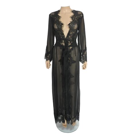 Corzzet Oem Service R11 Black Lace Trim Robes Sleepwear See Through Long Sleeves Elastic Mesh