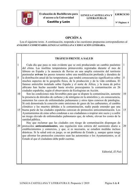 Examen Selectividad Ebau Lengua Castellana Castilla Y León 2019 Julio
