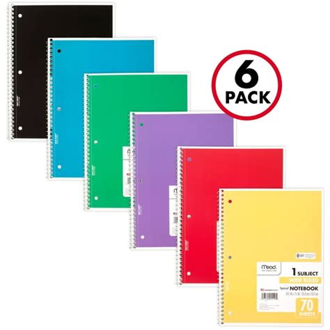 Mead Spiral Notebook 1 Subject Wide Ruled 70 Sheets 6 Pack 73063