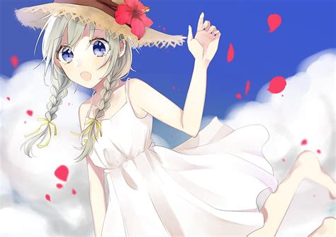 Anime Original Blue Eyes Trenza Flor Sombrero Pelo Largo Twintails Fondo De Pantalla Hd