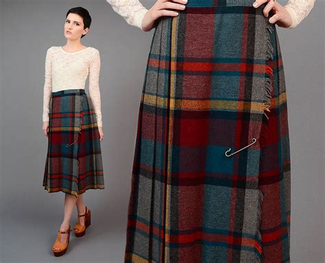 On Sale Vintage 70s Scottish Tartan Plaid High Waist Pleated Wrap Skirt