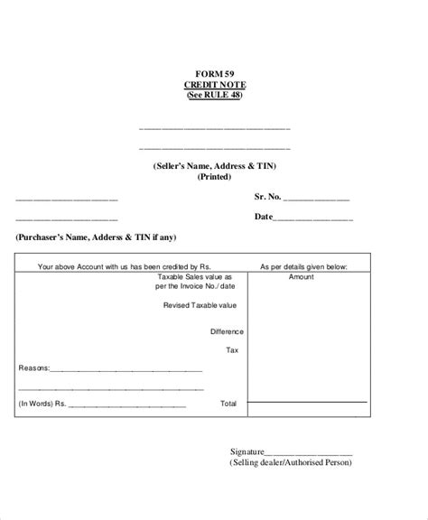 credit note templates  sample  format
