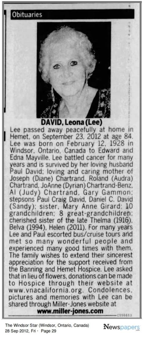 Leona Lee Mayville David Obituary The Windsor Star Windsor Ontario Canada · 28 Sep