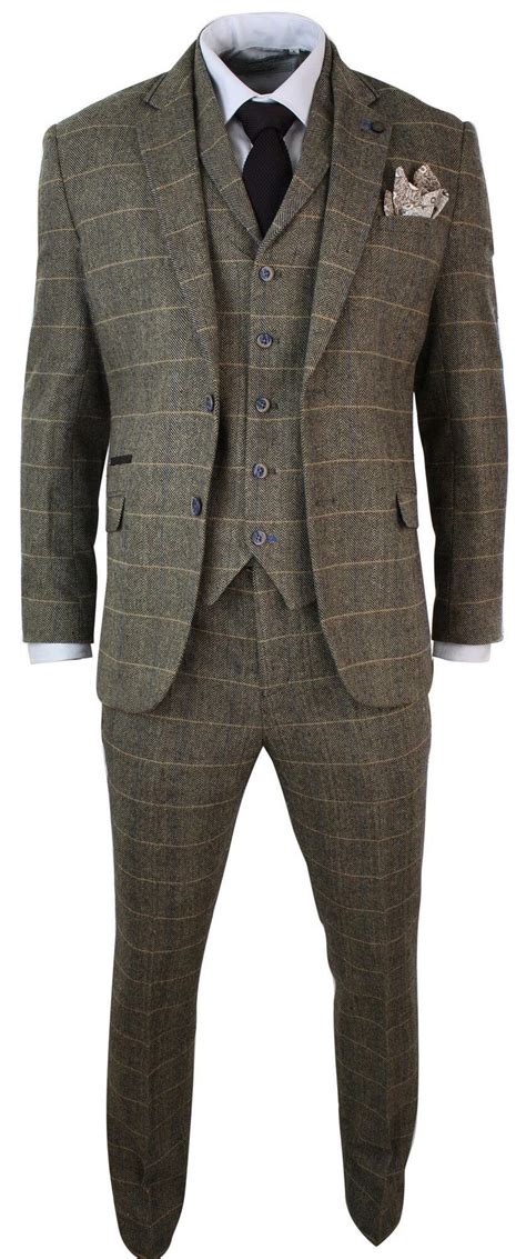 Cavani Albert Mens Herringbone Tweed Check 3 Piece Suit Tan Brown