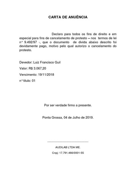 Carta De Anuência Modelo Pdf