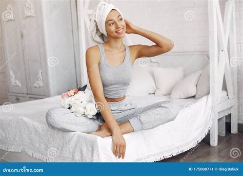 Beautiful Girl Sitting At Home On A Bed Stock Image Image Of Adult
