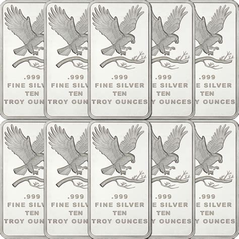 10 Oz 999 Fine Silver Trademark Eagle Bar 10 Piece Lot Silvertowne