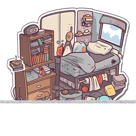 Cartoon Sticker Of A Messy Room With A Bed And Things Scattered Around