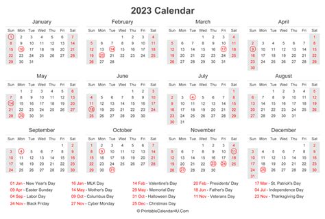2023 Calendar With Us Holidays At Bottom Landscape Layout