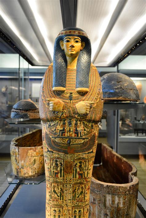 Egyptian Mummy Coffin Standing In Museum Display Editorial Stock Photo
