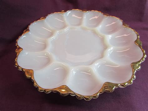 Fire King White Milk Glass Deviled Egg Dish With Gold Trim Etsy