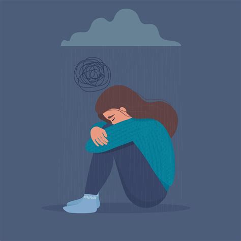 Mujer Deprimida Triste Infeliz Molesta Llorando Sentada Bajo Una Nube Oscura Con Lluvia