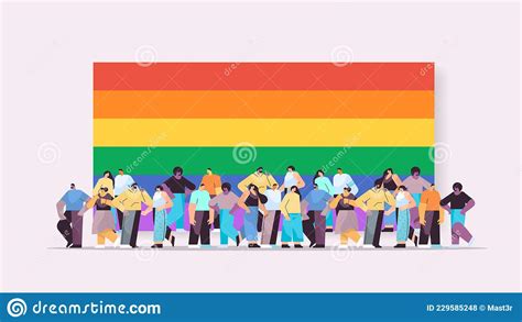 Mix Race People Group Standing Together Near Lgbt Rainbow Flag Gay Lesbian Love Parade Pride