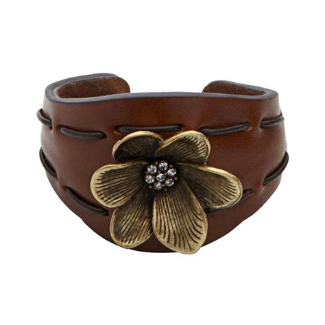 Fossil Leather Flower Cuff Bracelet In Brown Lyst