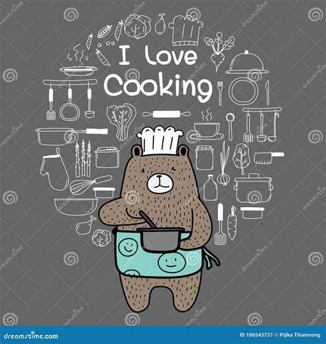 Bear Chef Is Cooking Brown Bear Wearing An Blue Apron Say `i Love