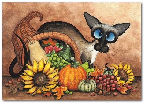 Siamese Cat Thanksgiving Autumn Cornucopia Art Prints By