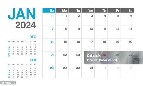 Januari 2024 Kalender Triwulanan Bulanan Kalender Horisontal Lansekap