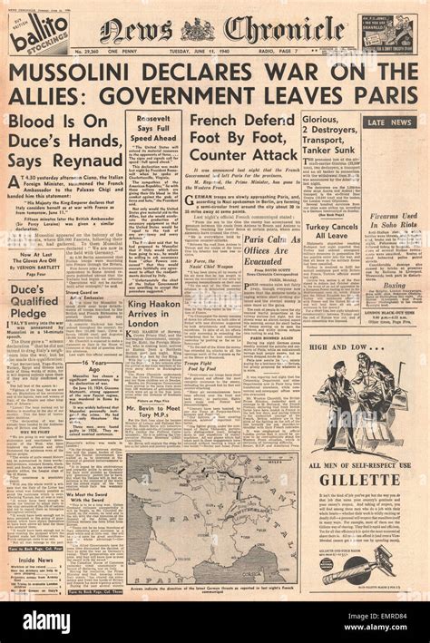 1940 Front Page News Chronicle Italy Declares War On The Allies French