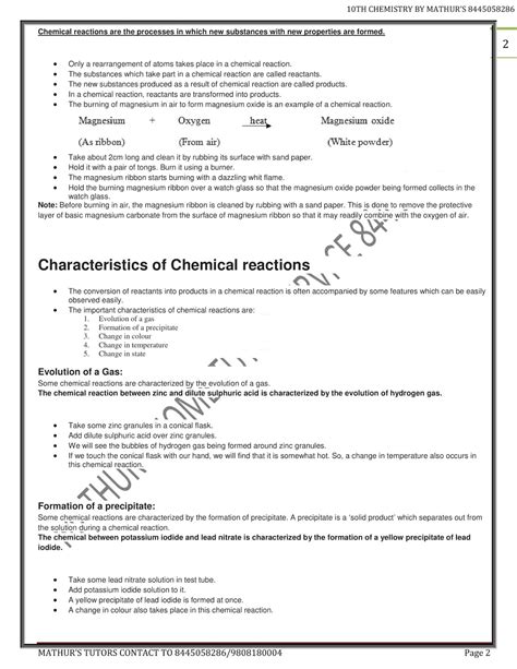Class 10cbse Chemistry Notes Chemical Reactions And Equations