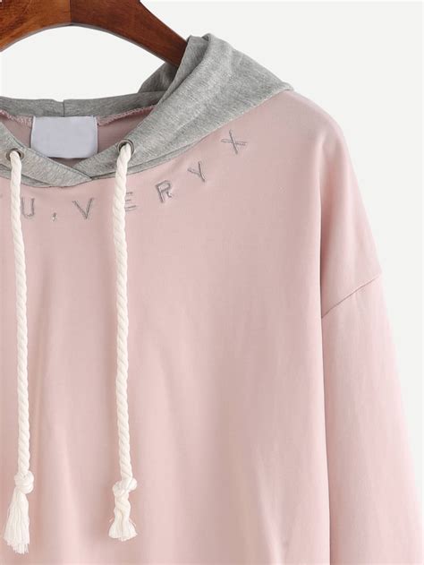 Pink Embroidered Contrast Trim Drawstring Hooded Sweatshirt Shein