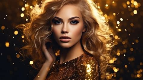 Premium AI Image Fashion Model Woman In Golden Bright Sparkles Girl With Golden Skin And Hair