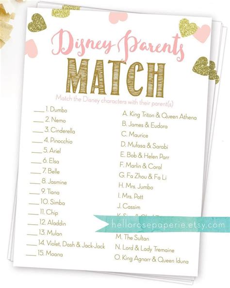 Disney Parents Match Printable Baby Shower Game Guess The Etsy In