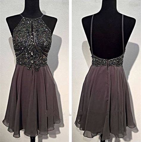 Spaghetti Straps Grey Open Back Homecoming Dresses Beads Backless Sexy