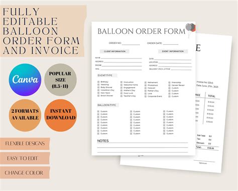 Balloon Order Form And Invoice Template Balloon Order Form Etsy