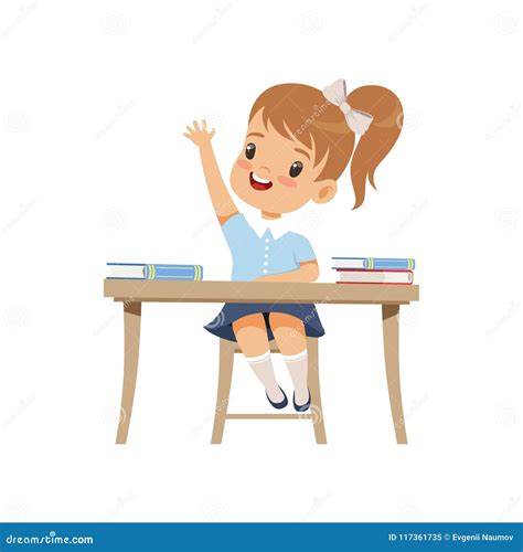 Cute Girl Sitting At The Desk And Rising Her Hand Elementary School