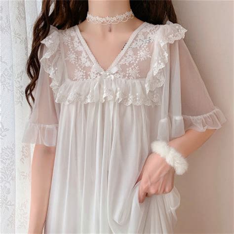 Princess Style Nightdress 2021 New Korean Summer Nightgown Vintage Lace White Dress Kawaii Bow