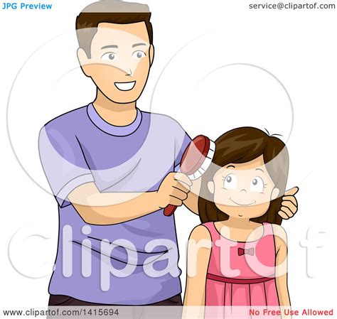 clipart of a brunette white girl getting her hair brushed by her dad royalty free vector