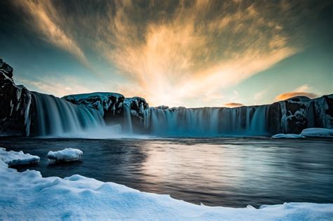 Waterfall Of Gods During Sunset In Late Winter Goðafoss In Iceland 🇮🇸