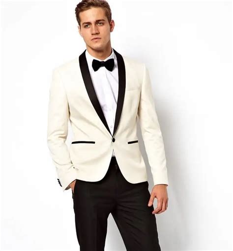 New Arrival White Ivory Wedding Suits For Men Tuxedos Black Satin Shawl