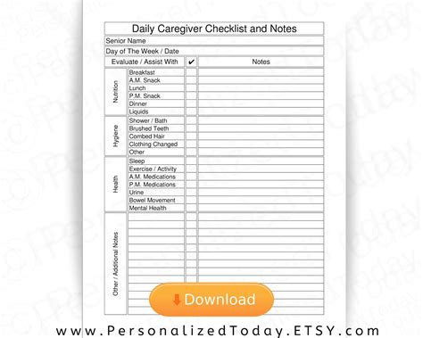 Printable Elder Care Daily Caregiver Log Pdf Digital Download Etsy