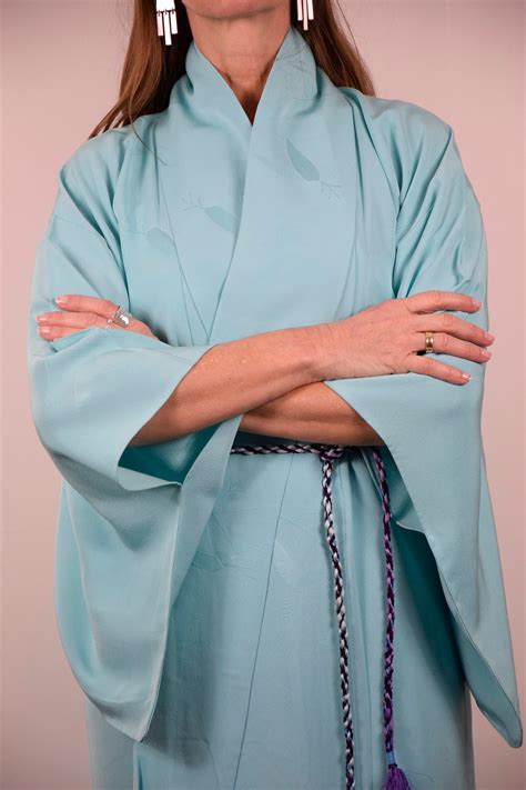 Japanese Vintage Kimono Robe Silk In Turquoise Blue With Free Obijime