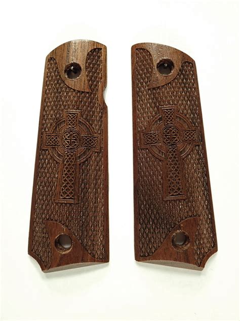 Walnut Celtic Cross Checkered Grips Compatiblereplacement For Brownin