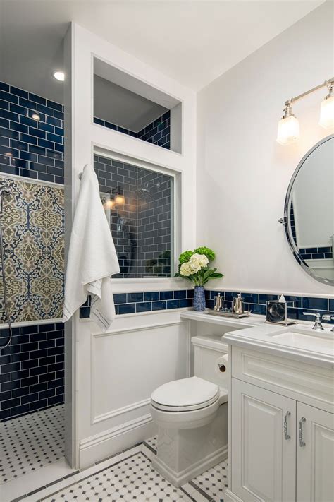 Traditional White And Blue Bathroom With Walk In Shower Small Bathroom