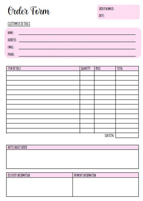 Pink Order Form Template Editable Printable Order Form Etsy