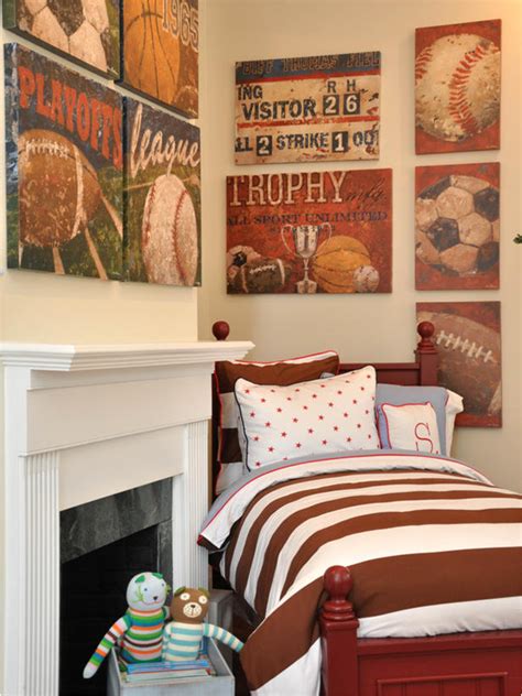 A shared teenage boys' bedroom with bunk beds and colorful carpet. Key Interiors by Shinay: Young Boys Sports Bedroom Themes