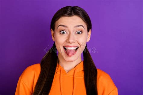 Close Up Photo Of Funny Funky Cheerful Teen Girl With Her Tongue Out Want Be Real Comedian Have