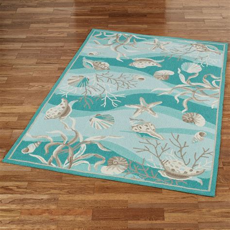 Hidden Treasures Teal Ocean Seashell Area Rugs Beach Cottage Decor