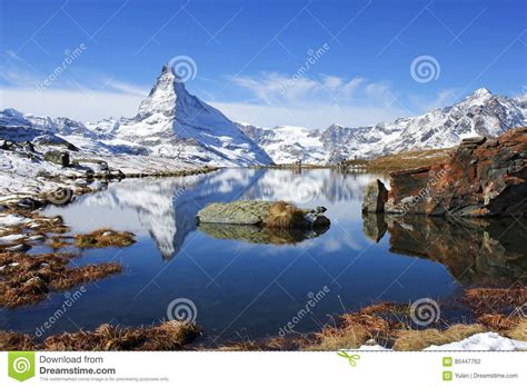 Matterhorn With Reflection On The Stellisee Lake Stock Photo