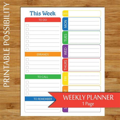 Weekly Planner Page Primary Colors Week At A Glance Planner To Do List