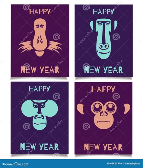Monkeys Set Happy New Year Stock Vector Illustration Of Chimpanzee