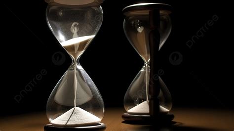 Two Sand Hourglasses Sitting On A Dark Floor Background Hourglass