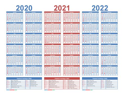 Three Year 2020 To 2022 Calendar Printable Word Pdf