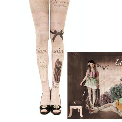 buy women tights with cats harajuku tattoo cat pantyhose female fancy stocking